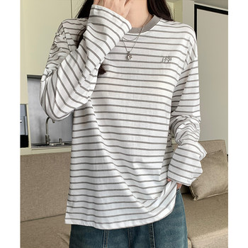 Fashionable Casual Lazy Style Round Neck T-Shirt for Women Early Spring Color-Blocking Striped Embroidery Design Loose Top Ins