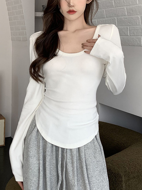 American-Style Spicy Girl Letter Print Backless U-Neck Long-Sleeve T-Shirt for Women, New Spring Elastic Slim-Fit Simple Inner Layer Top