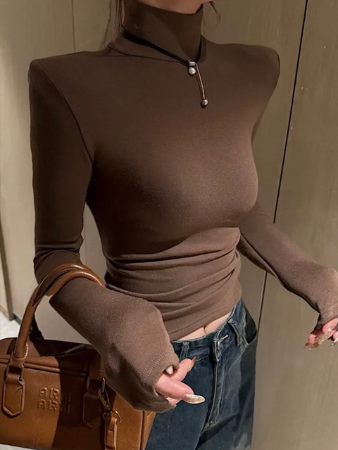 Retro Sexy High-Necked Long-Sleeved Bottoming Shirt for Women 2024 Autumn and Winter Tight-Fitting and Versatile Slimming Look Pleated T-Shirt Top