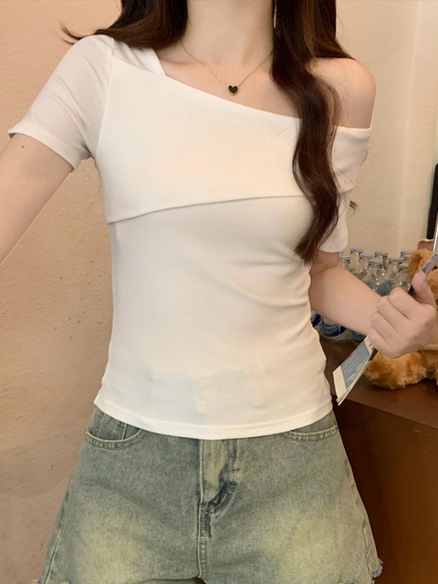 Pure Desire Sweet Spicy Girl Off-Shoulder Short Sleeve T-Shirt for Women, Summer Fashion Versatile One-Shoulder Slim Fit Top, Ins Style