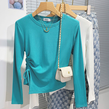 Trendy Korean-Style Drawstring T-Shirt for Women, Early Spring 2025, Slim Fit, Round Neck, Irregular Short Top ins