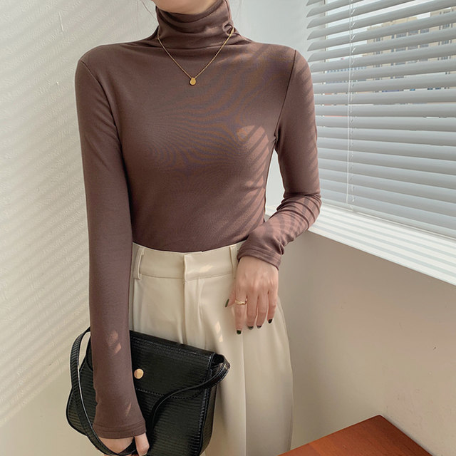 Warm Thin Fleece Brushed Turtleneck Base Layer Shirt for Women, New Autumn Korean Style Slim Fit Stacked Collar Long-Sleeve T-Shirt ins
