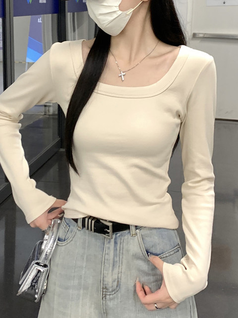 Square-Neck Simple Basic Versatile Long-Sleeve T-Shirt for Women, Early Autumn New Korean Style Pure and Elegant Inner Layering Top