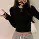 Korean Style Gray Round Neck Long-Sleeved Bottoming Shirt for Women 2024 Autum Basic Style Slim Fit Short Elastic Top