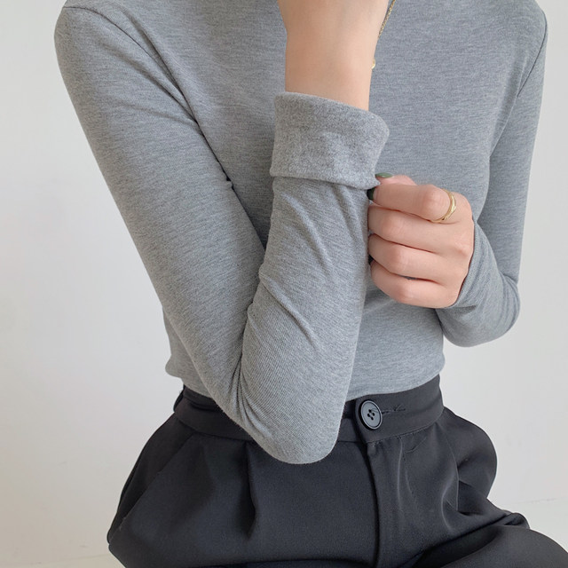 High-Neck Base Shirt for Women, 2024 Autumn and Winter New Style, Stylish Inner Wear, Brushed Thin Velvet White Long-Sleeve T-Shirt for Women ins