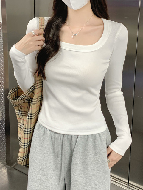 Solid Color Basic Square-Neck Long-Sleeve T-Shirt for Women, Spring Style, Youthful and Trendy, Slim-Fit Pullover Top