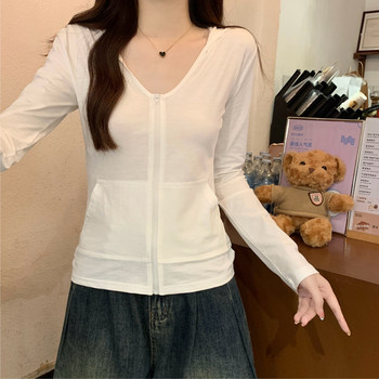 White High-End V-Neck Slim-Fit Zip-Up Cardigan for Women, Lightweight Sun-Protective Jacket with Pocket Design, Simple Style Top