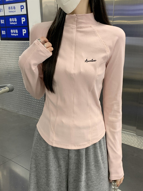 Designed with a Fishbone Waist-Cinching Effect, Slimming Long-Sleeve T-Shirt for Women, 2025 Autumn, Unique Half-High Collar with Zipper, Outerwear Top ins