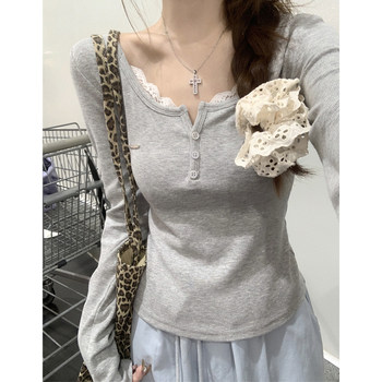 French-Style Pure Desire Lace Patchwork Long-Sleeve T-Shirt for Women, 2025 Autumn, Petite Half-Open Collar Short Button-Up Top
