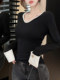 Korean Style Pure Desire Style Color-Block V-Neck Long-Sleeve T-Shirt for Women 2025 Winter Unique Shirt Sleeve Top Brushed Warm Base Layer Shirt