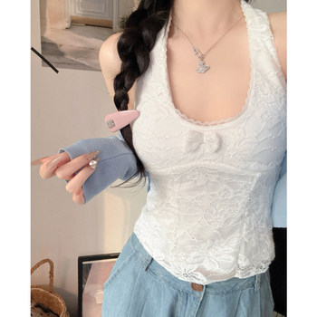 Sexy Lace Halter Neck Tank Top for Petite Women, Autumn and Winter Style, Brushed Fabric, Inner Wear with Chest Pads, Unique and Beautiful Top