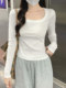 Solid Color Basic Square-Neck Long-Sleeve T-Shirt for Women, Spring Style, Youthful and Trendy, Slim-Fit Pullover Top