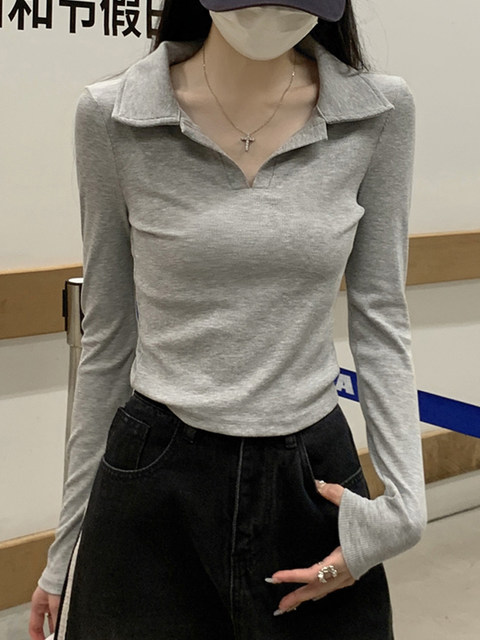 Korean Style Chic Slim-Fit Polo Collar Long-Sleeve T-Shirt for Women, New Autumn Solid Color Versatile Trendy Top This Year