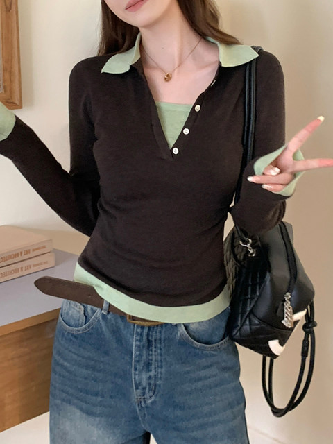 American Retro Style Slim-Fit Knit Sweater for Women, Spring Design, Unique Color-Blocking V-Neck Pullover Base Shirt