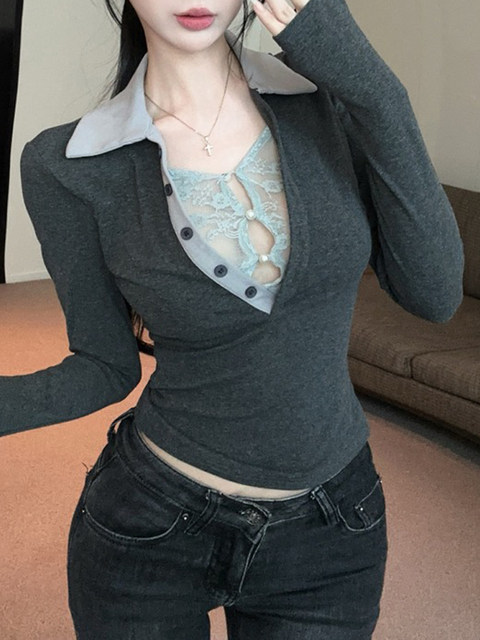 Purely Alluring Spicy Girl Style Waist-Cinching Slimming Chic Knit Sweater for Women, Autumn and Winter Fake Two-Piece Design with Lace Splicing, Stunning Top