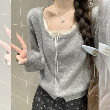 Korean Style High-End Pure Desire Square-Neck Unique Knit Sweater for Women, Autumn Color-Blocking Lace-Up Faux Two-Piece Unique Sweater