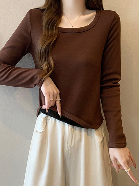 Fleece-Lined, Thickened, Warm Long-Sleeve T-Shirt, Base Layer for Women, 2024 Autumn and Winter, Irregular Hem, Gray, High-End Feel Top