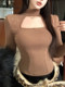 Sexy Hot Girl Hollow-Out Half-High Collar T-Shirt for Women, 2026 Spring, Brushed Design, Niche Style, Elegant Outerwear Top ins