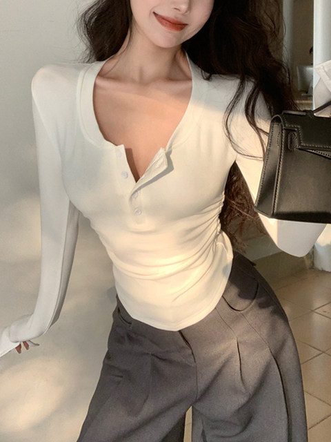 Street Style Hot Girl Style Fleece-Lined Inner Layering Top for Women, 2025 Winter, Subtle Half-Open Collar, Tight-Fitting, Ruched Short Top