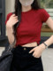 Casual Basic Round Neck Short-Sleeved T-Shirt for Women, New Summer Style, New Year Red, Slim Fit, Slimming, Navel-Baring Short Top