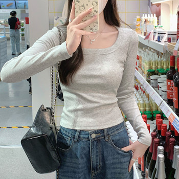 Solid Color Basic Square-Neck Long-Sleeve T-Shirt for Women, Spring Style, Youthful and Trendy, Slim-Fit Pullover Top