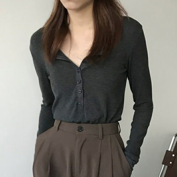 Chic Half-Open Collar Buttoned Long-Sleeve Ribbed T-Shirt for Women ins Trendy Internet Celebrity Versatile Autumn and Winter New Slim-Fit Base Shirt