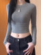 Gray Round-Neck Slim-Fit Long-Sleeve Base Shirt T-Shirt for Women, Autumn and Winter Spicy Girl Style, Stylish and Elegant Inner Wear, Tight-Fitting Short Top