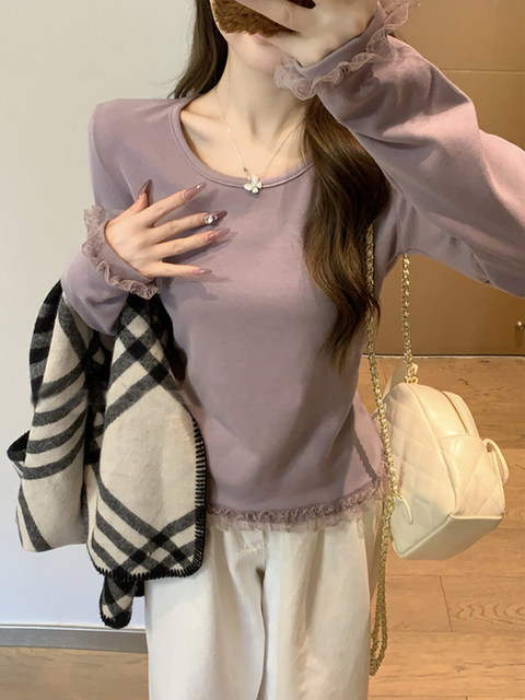 Korean Style Fairy-Like High-End Long-Sleeved T-Shirt for Women 2025 Early Autumn Gentle and Unique Lace-Edged Cashmere Brushed Top ins