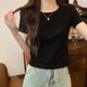 Korean Style Black Round Neck Regular Shoulder Short-Sleeve T-Shirt for Women, 2025 Summer New Slim-Fit Short Top for Petite Figures
