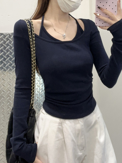 Pure and Gentle Style Inner Wear Long-Sleeve T-Shirt for Women 2025 Autumn and Winter Halter Neck Fake Two-Piece Design Pleated Short Top
