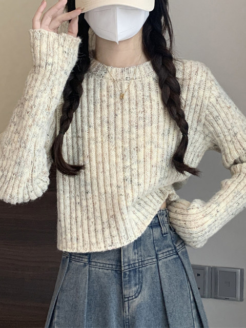 Korean Style Petite Lazy Style Knitted Sweater for Women, Autumn and Winter Versatile, Fine Shimmer, High-End Feel, Round Neck, Short Pullover Top