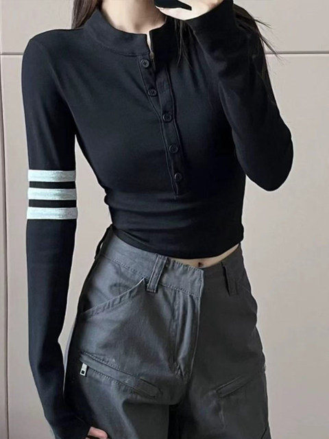 Korean Style Stand Collar Single-Breasted Long-Sleeve T-Shirt for Women, Spring Spicy Girl Style Slim Fit Short Striped Patchwork Base Shirt Top