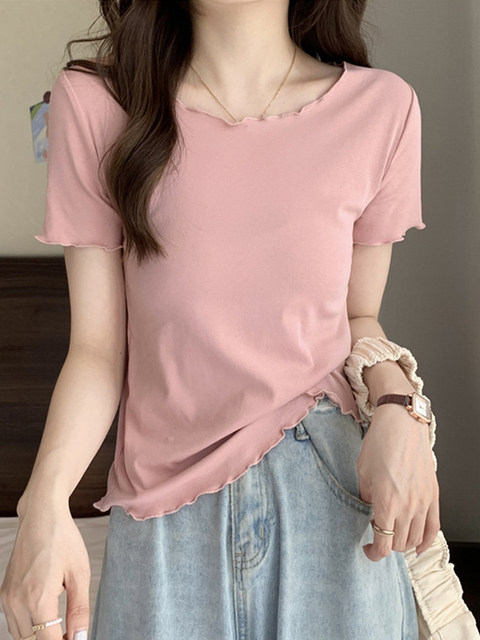 Ruffled Design Round Neck Versatile Short-Sleeve T-Shirt for Women, Summer New Style Petite Casual Top ins