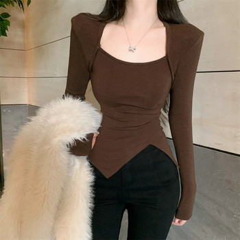 American-Style Spicy Girl Square-Neck Brushed Fleece T-Shirt for Women 2025 Autumn and Winter Sexy Irregular Unique Slim-Fit Top