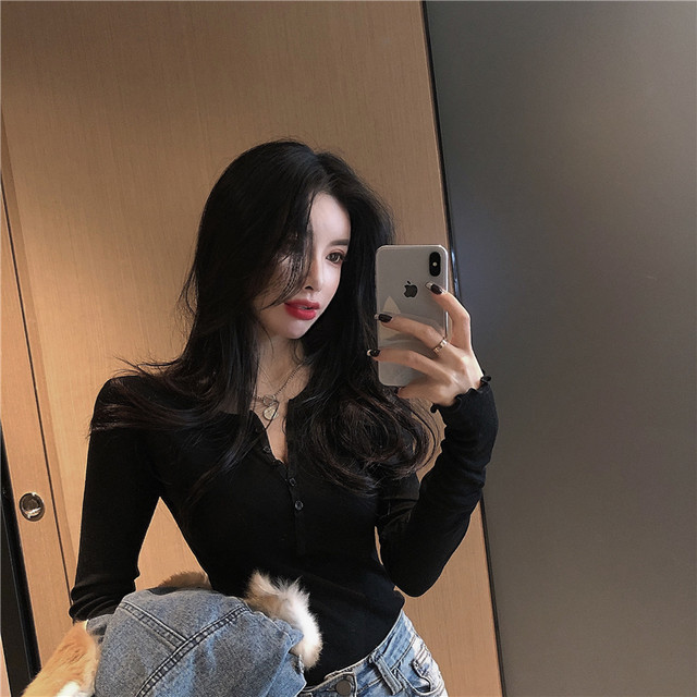 Trendy Ruffled Half-Open Collar Button-Up Mask T-Shirt for Women, Long-Sleeved, New Autumn and Winter Slim-Fit Base Shirt Top