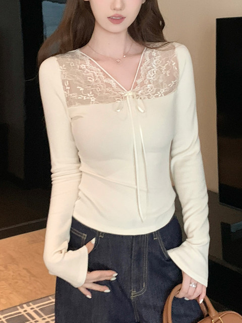 2026 Spring Pure Desire Style Lace Patchwork V-Neck T-Shirt for Women, Korean Version, Unique and Beautiful Base Layer Top with Tie-Up Design