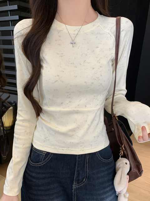 Korean Style Hot Girl Long-Sleeved Base Shirt with Tie-Dye Design T-Shirt for Women 2025 Early Autumn Fishbone Splicing High-End Short Top