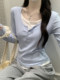 Korean Style U-Neck Buttoned Faux Two-Piece Long-Sleeve T-Shirt for Women, 2025 Autumn Design, Slim Fit, Chic and Unique Top