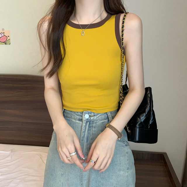 Basic Color-Blocked Round-Neck Sleeveless Outerwear Vest for Women, New Summer Korean Style Slim-Fit Short Inner Vest
