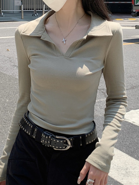 White Designer Polo Collar Unique Base Shirt for Women 2025 Early Autumn Simple Inner Wear Regular Shoulder Slim Fit Top