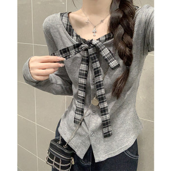 Retro Plaid Splicing Fake Two-Piece Bow-Tie Cardigan for Women in Autum, Korean Style Unique and High-End Beautiful Top