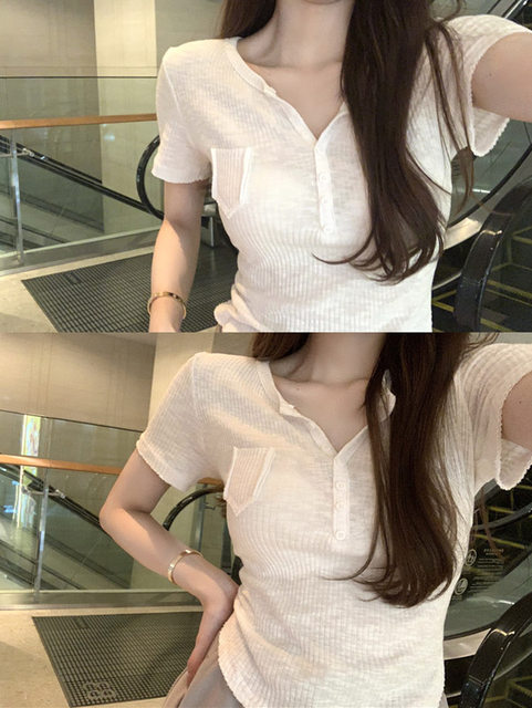 White Short-Sleeve T-Shirt for Women, 2025 Summer New Slim-Fit Korean V-Neck Bamboo Cotton Side-Slit Top, Base Shirt