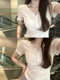 White Short-Sleeve T-Shirt for Women, 2025 Summer New Slim-Fit Korean V-Neck Bamboo Cotton Side-Slit Top, Base Shirt