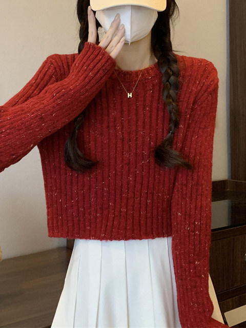 Korean Style Petite Lazy Style Knitted Sweater for Women, Autumn and Winter Versatile, Fine Shimmer, High-End Feel, Round Neck, Short Pullover Top