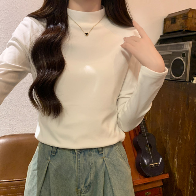 Casual Velvet Pure Color Half Turtleneck Long-Sleeved Bottoming Shirt for Women in Autumn and Winter New Korean Style Casual Velvet Inner Top for Women