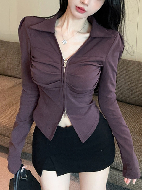 Spicy Girl Pure Desire Style Lapel Double Zipper Long-Sleeve T-Shirt for Women 2025 Autumn and Winter Pleated Design Waist-Cinching Slimming Top