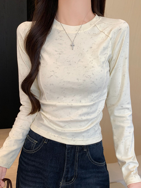 Korean Style Hot Girl Long-Sleeved Base Shirt with Tie-Dye Design T-Shirt for Women 2025 Early Autumn Fishbone Splicing High-End Short Top