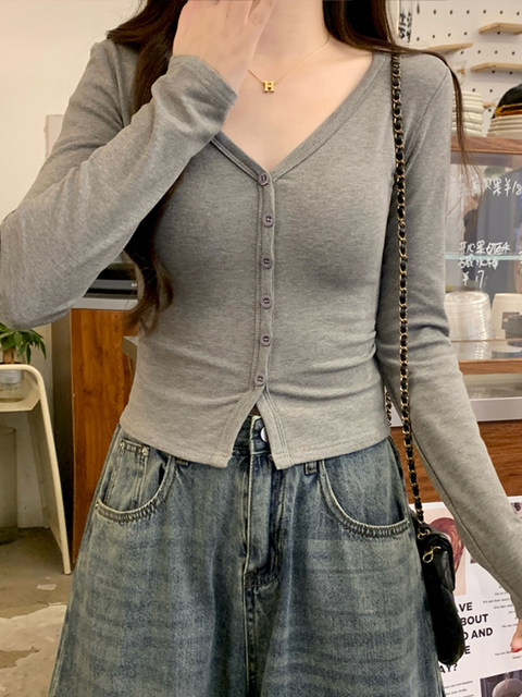 High-End Button-Down Long-Sleeve T-Shirt for Women, Autumn and Winter, Pure Desire Style, Brushed for Warmth, V-Neck Base Shirt, Particularly Beautiful, Waist-Cinching Top