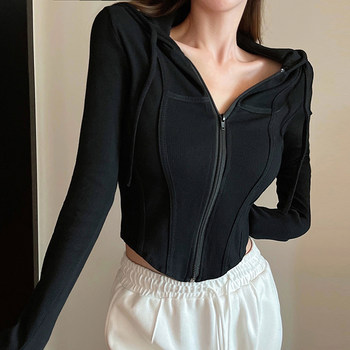 Short Hooded T-Shirt for Petite Women ins Women's 2025 Autumn New Style Fishbone Design Waist-Cinching Zipper Cardigan Top