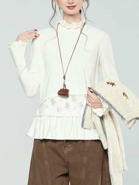 Ruffled Half-High Collar Brushed Base Shirt for Women, Autumn and Winter Lace Hem Design, High-End Niche Unique Top